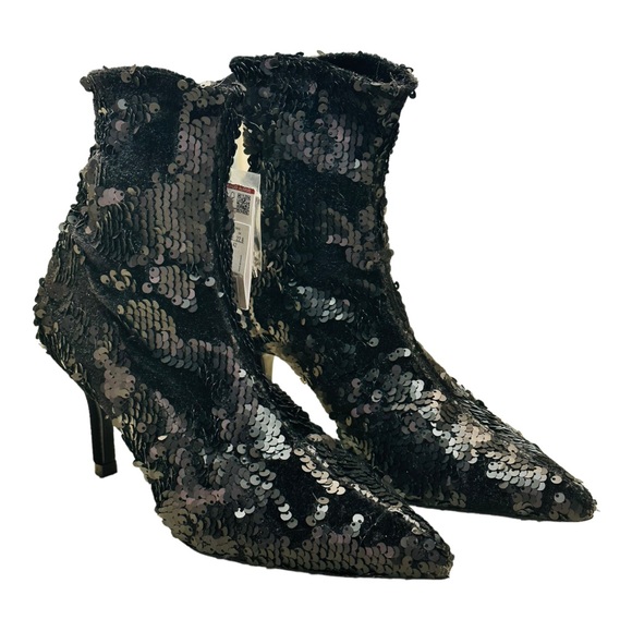 Zara Sequin Fabric / Velvet Ankle Boots - Black - Picture 6 of 15